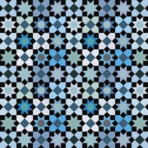 Islamic Geometry - Tiles in Blue, Aqua, Lilac, and Dark Shades / Medium