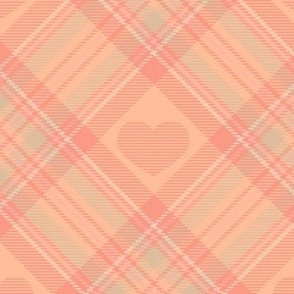 (small) Peachy Love Diagonal Plaid with Hearts / Pantone  Peach Fuzz / small scale