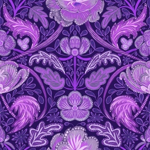  Seamless pattern with rose, peony, ranunculus and leaves on a purple background. 
