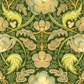 Botanical seamless pattern, ornament with flowers and berries in green and yellow colors