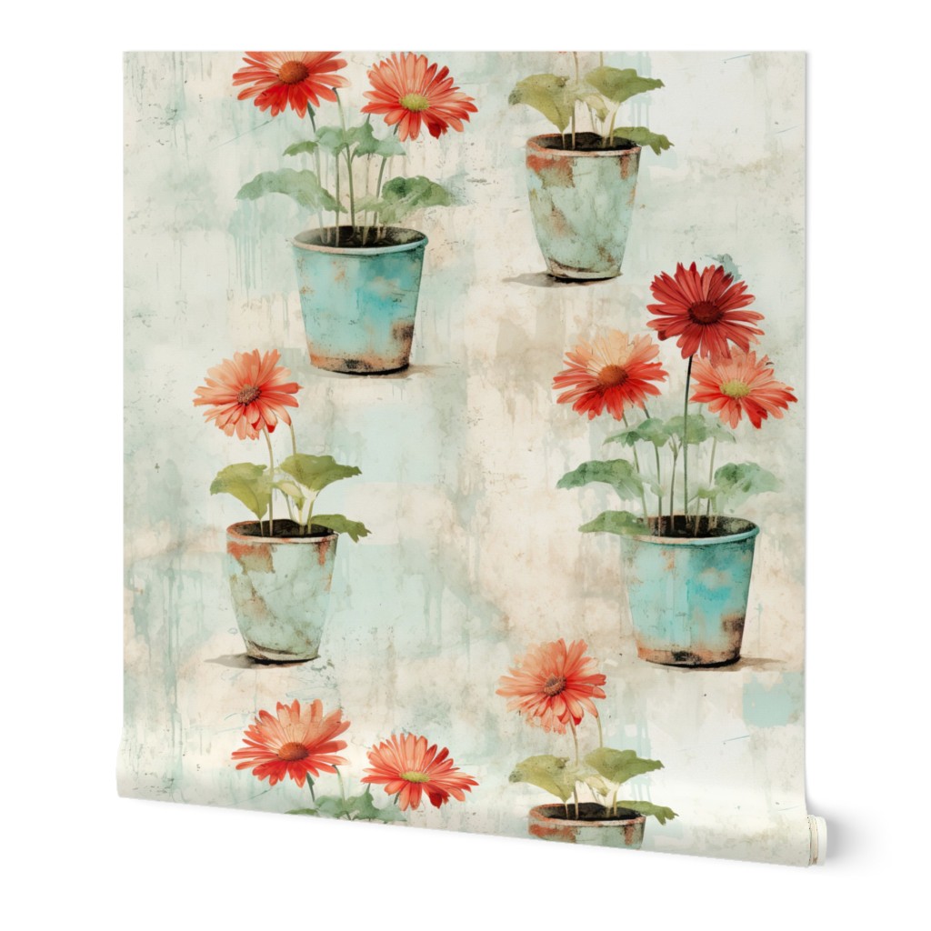 Luminous Florals: Orange Blooms in Seamless Distressed Pots