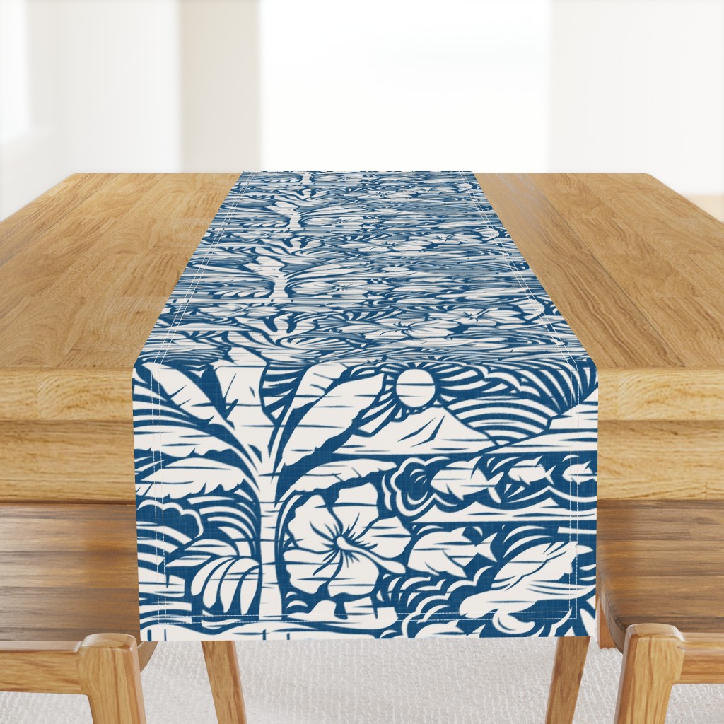 Hawaiian Block Print - Vintage Nature on Ocean Blue / Large