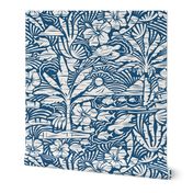 Hawaiian Block Print - Vintage Nature on Ocean Blue / Large