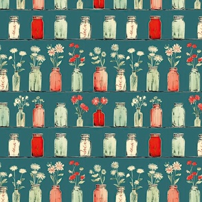 Teal Elegance: Mason Jar Blooms in Seamless Pattern Display