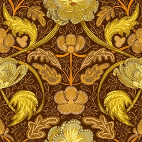 Botanical seamless pattern, ornament with flowers and berries in brown-yellow colors