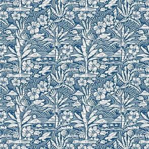 Hawaiian Block Print - Vintage Nature on Ocean Blue / Medium