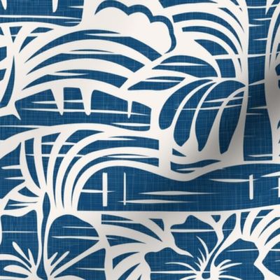 Hawaiian Block Print - Vintage Nature in Ocean Blue and Ivory Shades / Large