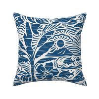 Hawaiian Block Print - Vintage Nature in Ocean Blue and Ivory Shades / Large