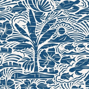 Hawaiian Block Print - Vintage Nature in Ocean Blue and Ivory Shades / Large