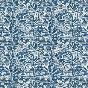 Hawaiian Block Print - Vintage Nature in Ocean Blue and Ivory Shades / Medium