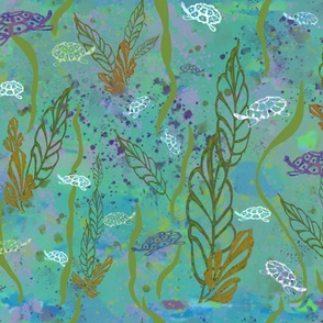 block-print-turtle-and-pond-leaves-batik-aqua-light-blues-greens-purples