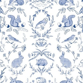 Delft Blue British Wildlife Cottagecore Vintage Inspired Botanical Repeat Pattern Wayercolor Whimsical Forest Creatures Fox Rabbit Hedgehog Fawn Boho Flowers