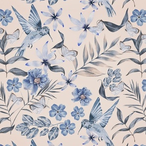 Hummingbirds With Butteflies And  Flowers Blue Beige