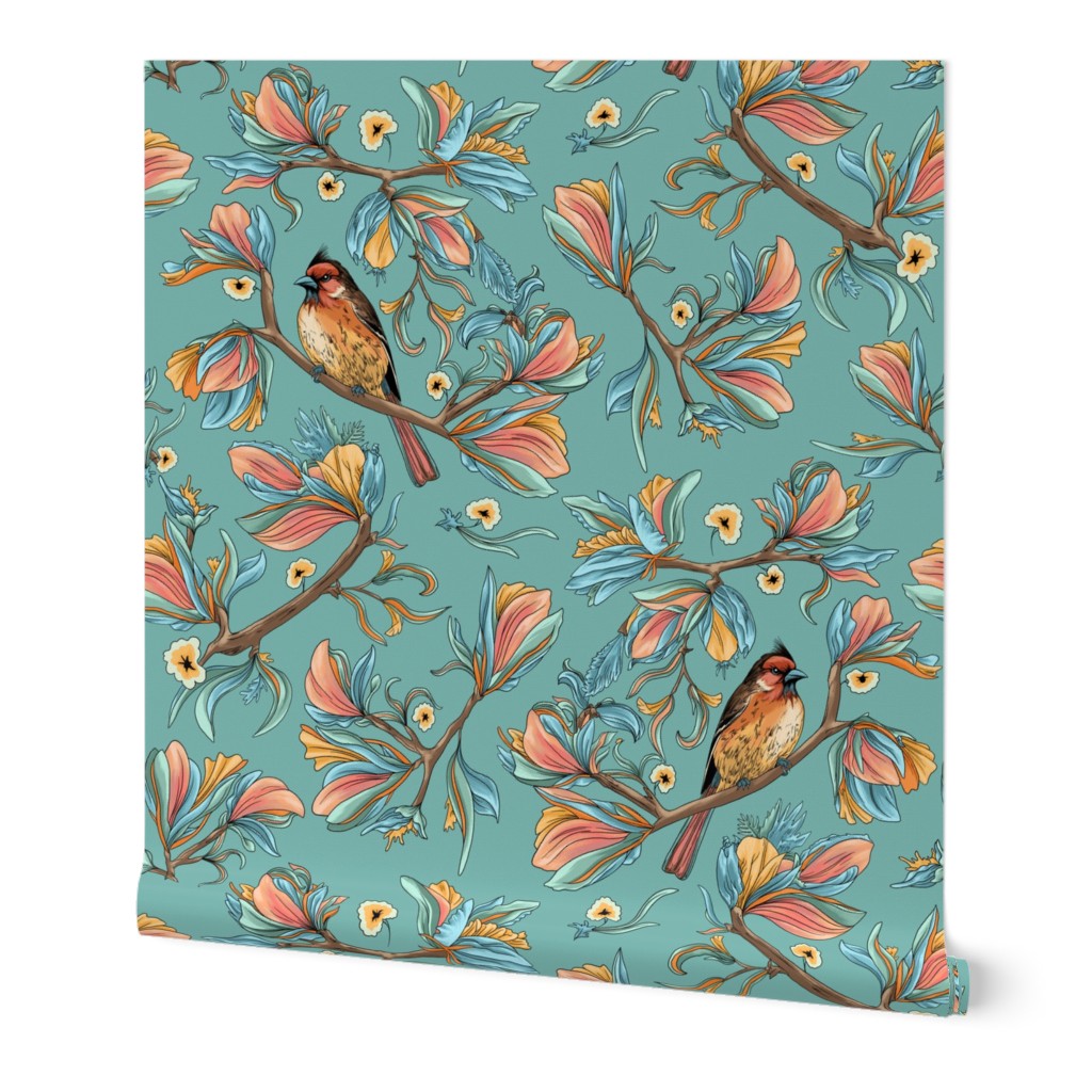 Flower birds | Peach pink bright blue and turquoise (Large scale)