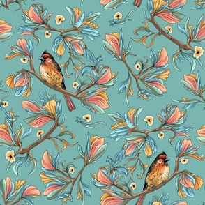 Flower birds | Peach pink bright blue and turquoise (Large scale)