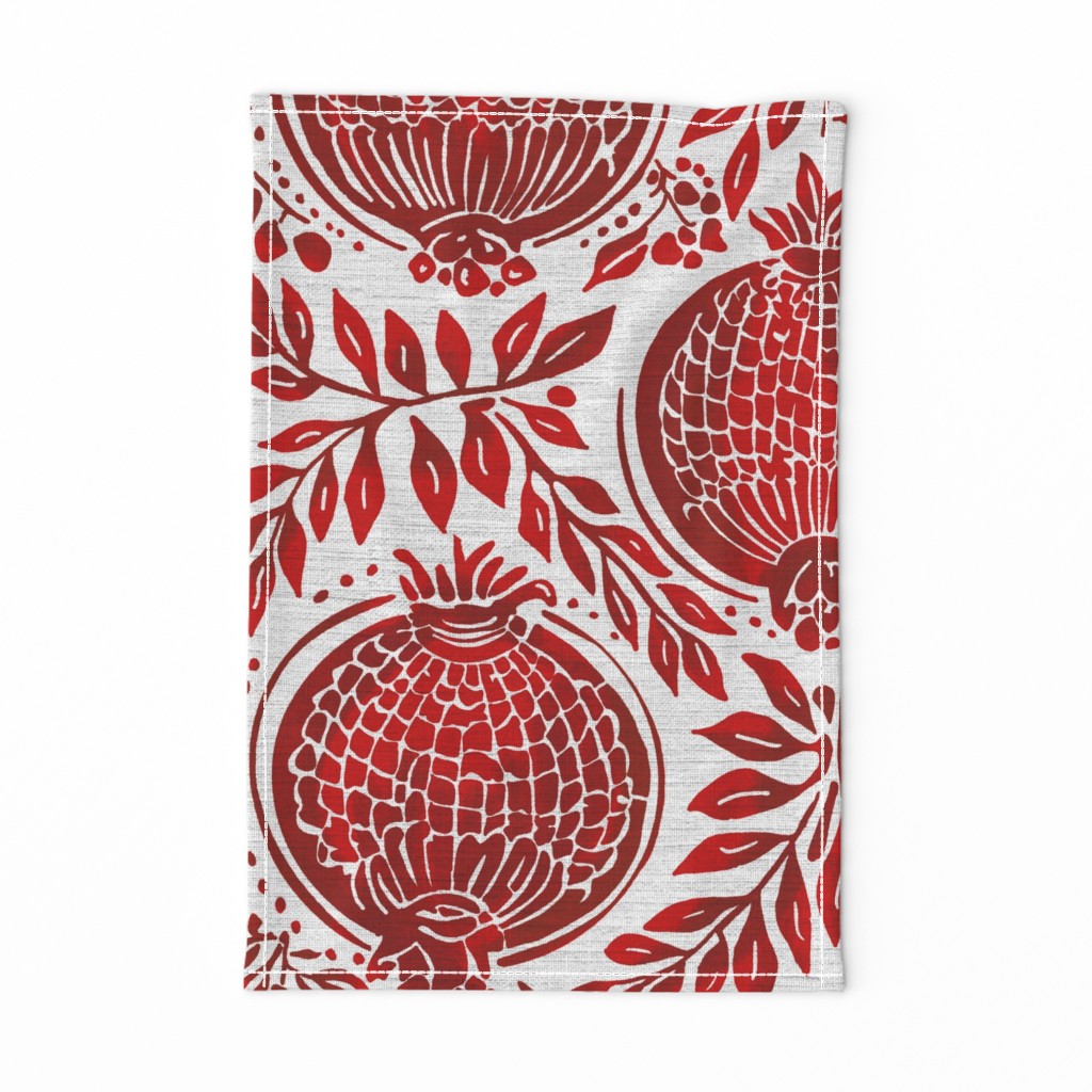 Red pomegranates vintage blockprint style on off-white linen background - large scale