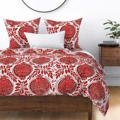 Red pomegranates vintage blockprint style on off-white linen background - large scale