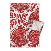 Red pomegranates vintage blockprint style on off-white linen background - large scale