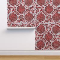 Red pomegranates vintage blockprint style on off-white linen background - large scale
