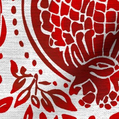 Red pomegranates vintage blockprint style on off-white linen background - large scale