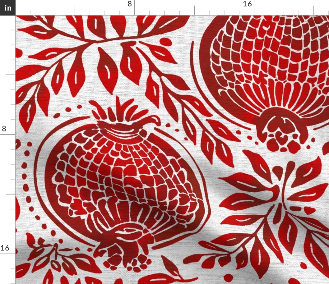 Red pomegranates vintage blockprint style on off-white linen background - large scale