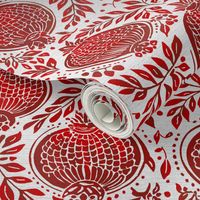 Red pomegranates vintage blockprint style on off-white linen background - medium scale