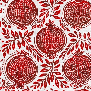 Red pomegranates vintage blockprint style on off-white linen background - medium scale