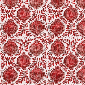Red pomegranates vintage blockprint style on off-white linen background - small scale