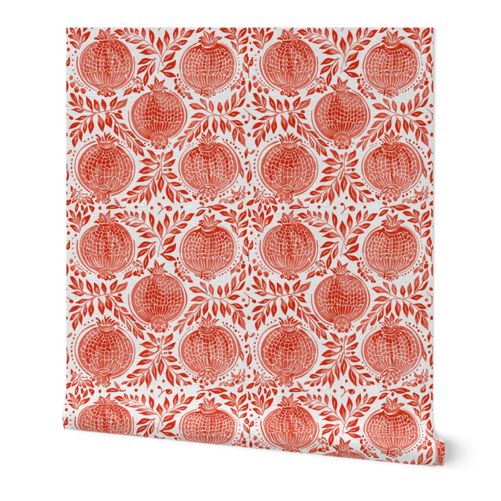 Red / pink pomegranates vintage blockprint style on off-white linen background - medium scale