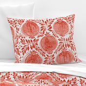 Red / pink pomegranates vintage blockprint style on off-white linen background - medium scale