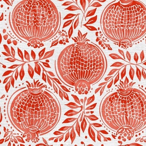 Red / pink pomegranates vintage blockprint style on off-white linen background - medium scale