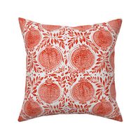 Red / pink pomegranates vintage blockprint style on off-white linen background - small scale
