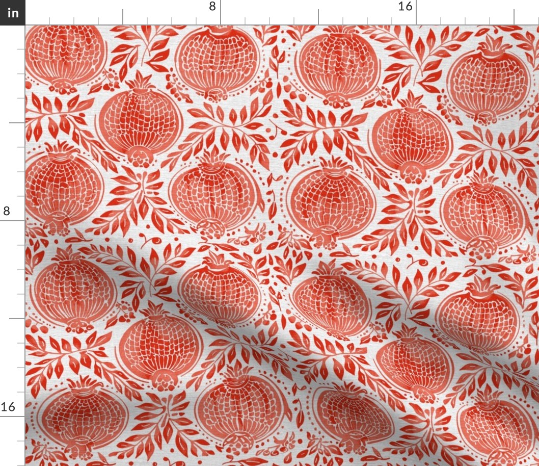 Red / pink pomegranates vintage blockprint style on off-white linen background - small scale