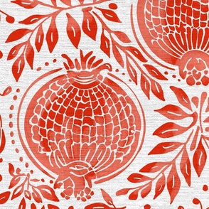 Red / pink pomegranates vintage blockprint style on off-white linen background - large scale