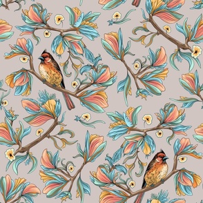 Flower birds | Peach pink pastel blue and mint green (Large scale)