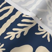 Mexican folklore-inspired blue and beige woven floral pattern