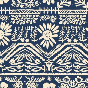 Mexican folklore-inspired blue and beige woven floral pattern