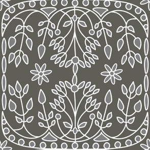 (L) Crown Flowers Damask Ornamental Filigree Gray, Griege and White