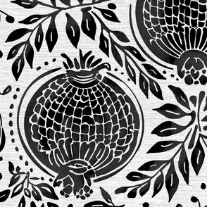 black pomegranates vintage blockprint style on off-white linen background - large scale
