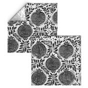 black pomegranates vintage blockprint style on off-white linen background - medium scale