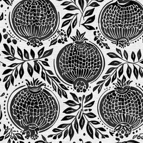 black pomegranates vintage blockprint style on off-white linen background - medium scale