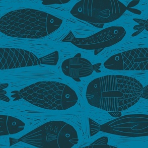 Fish block print blue grey black