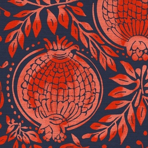 Red / pink  pomegranates vintage blockprint style dark blue / navy linen background - large scale