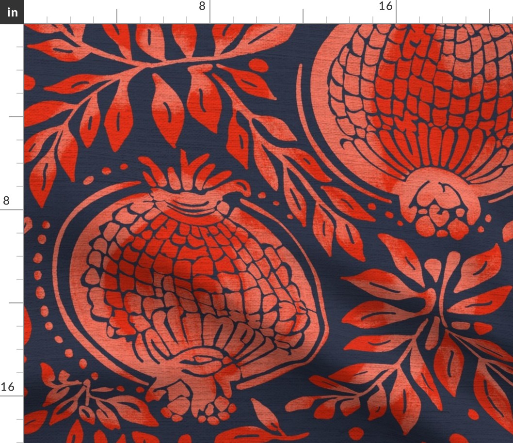Red / pink  pomegranates vintage blockprint style dark blue / navy linen background - large scale