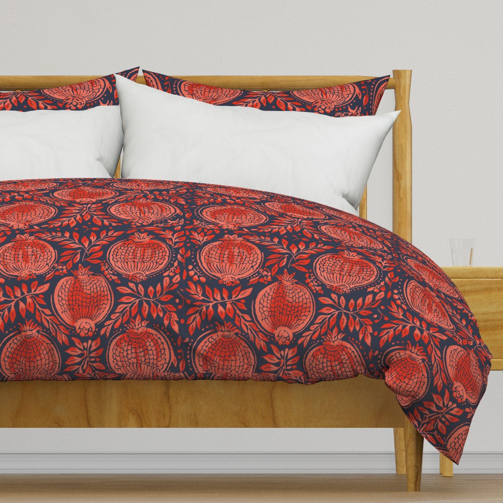 Red / pink  pomegranates vintage blockprint style dark blue / navy linen background - medium scale