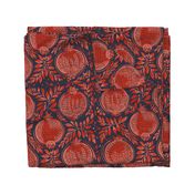 Red / pink  pomegranates vintage blockprint style dark blue / navy linen background - medium scale