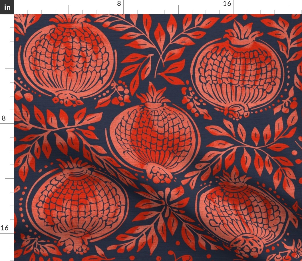 Red / pink  pomegranates vintage blockprint style dark blue / navy linen background - medium scale