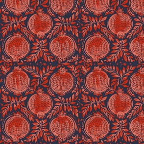 Red / pink  pomegranates vintage blockprint style dark blue / navy linen background - small scale