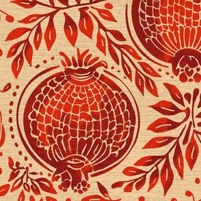 Red  pomegranates vintage blockprint style on light yellow linen background - large scale