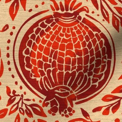 Red  pomegranates vintage blockprint style on light yellow linen background - medium scale